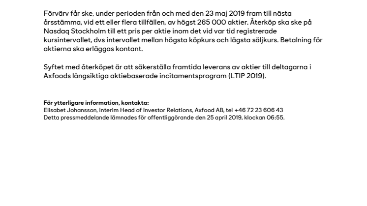 Axfoods styrelse har beslutat om återköp av egna aktier