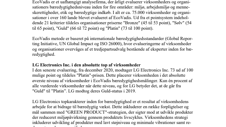 LG Electronics Inc. får den højeste bæredygtighedsvurdering fra EcoVadis