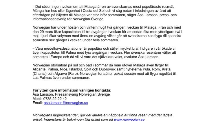Norwegian ökar kapaciteten till Malaga