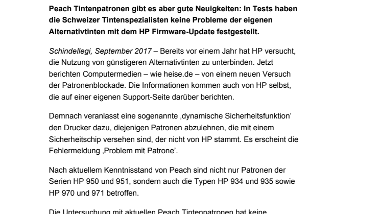 Alternativtinten von Peach funktionieren mit Update von HP