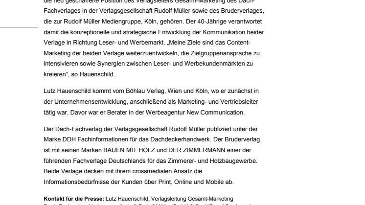 Lutz Hauenschild neuer Verlagsleiter Marketing für Dach- und Holzbau-Medien 