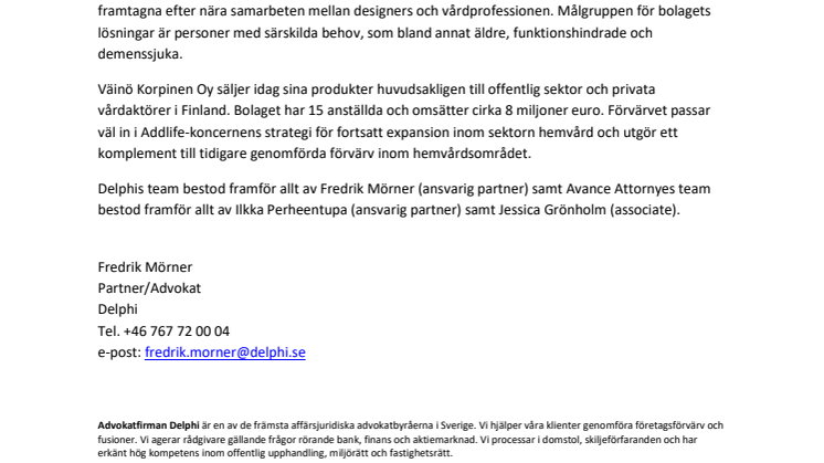 Delphi samt Avance Attorneys biträder AddLife Development AB vid förvärv av Väinö Korpinen Oy