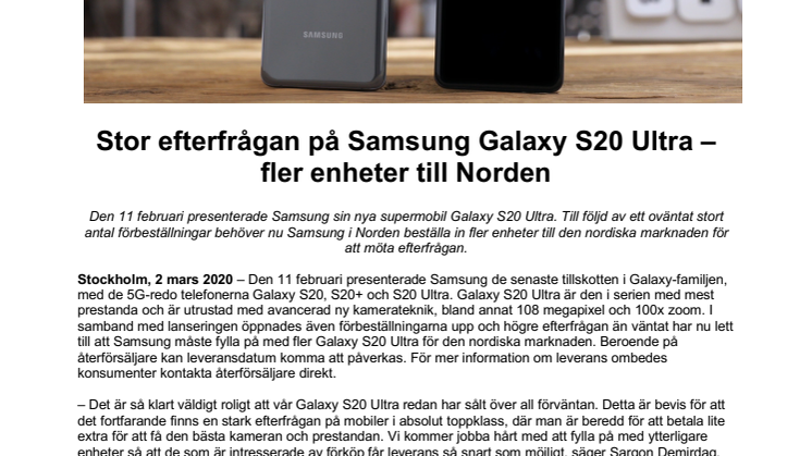 Stor efterfrågan på Samsung Galaxy S20 Ultra – fler enheter till Norden