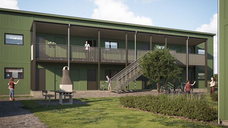 Illustration av entrésida med gemensam gård, BoKlok Skrindan i Gunsta, Uppsala.
