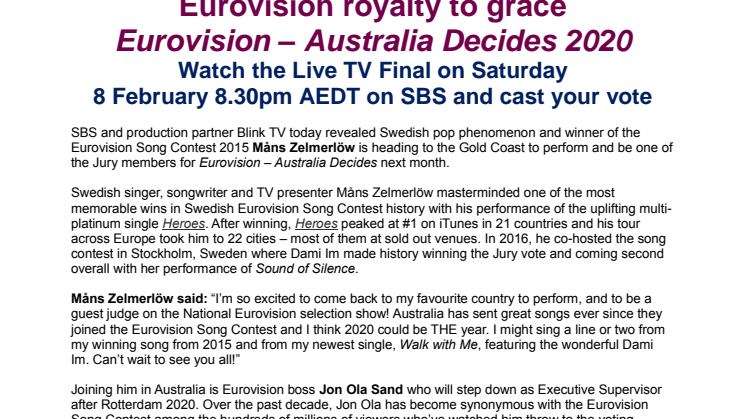 Eurovision royalty to grace Eurovision – Australia Decides 2020