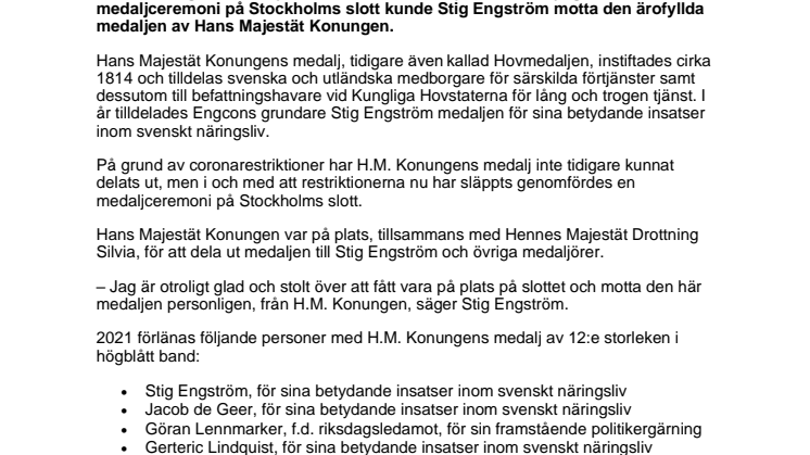211027_Press_Engcons grundare Stig Engström mottog medalj av H.M. Konungen på Stockholms slott