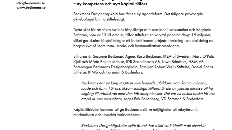 Beckmans Designhögskola byter ägandeform till stiftelse – ny kompetens och nytt kapital tillförs