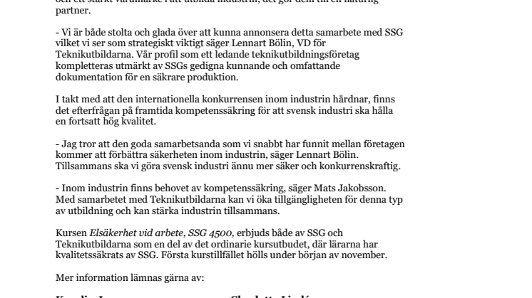 SSG och Teknikutbildarna ingår samarbete