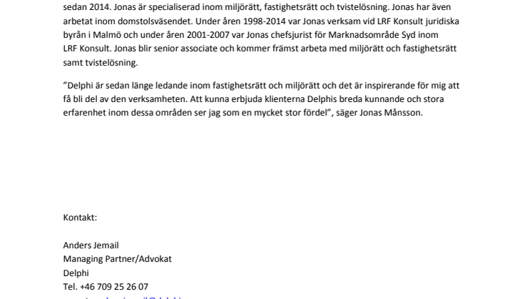 Delphi rekryterar miljörättsexpert Jonas Månsson