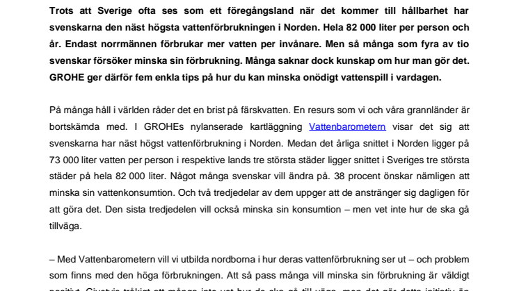 GROHEs Vattenbarometern avslöjar: Fyra av tio svenskar vill minska sin vattenkonsumtion – men få vet hur