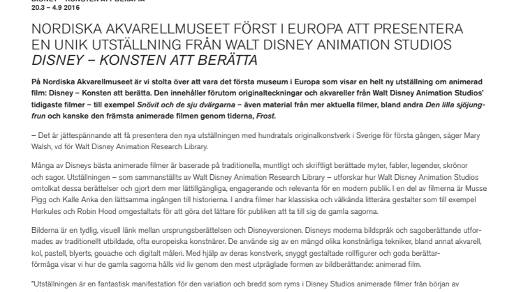Walt Disney Animation Studios’ unika utställning Disney – Konsten att berätta på Nordiska Akvarellmuseet