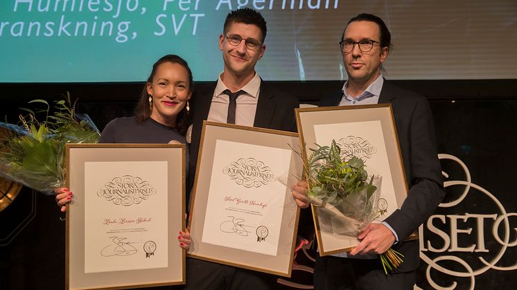 Vinnare  i kategorin Årets avslöjande: Linda Larsson Kakuli, Axel Gordh Humlesjö, Per Agerman. Ur bild: Joachim Dyfvermark