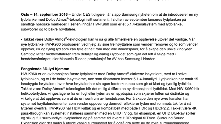 Samsung lanserer lydplanke med Dolby Atmos®-teknologi - tar hjemmekinoopplevelsen til et nytt nivå