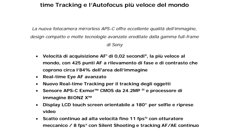 Sony lancia la fotocamera mirrorless di prossima generazione α6400 con Real-time Eye Autofocus, Real-time Tracking e l’Autofocus più veloce del mondo