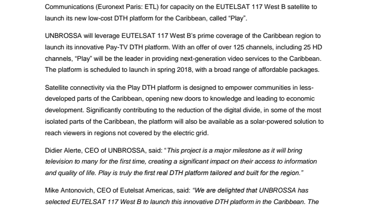 UNBROSSA books capacity on EUTELSAT 117 West B to launch “Play”, a new DTH platform for the Caribbean 