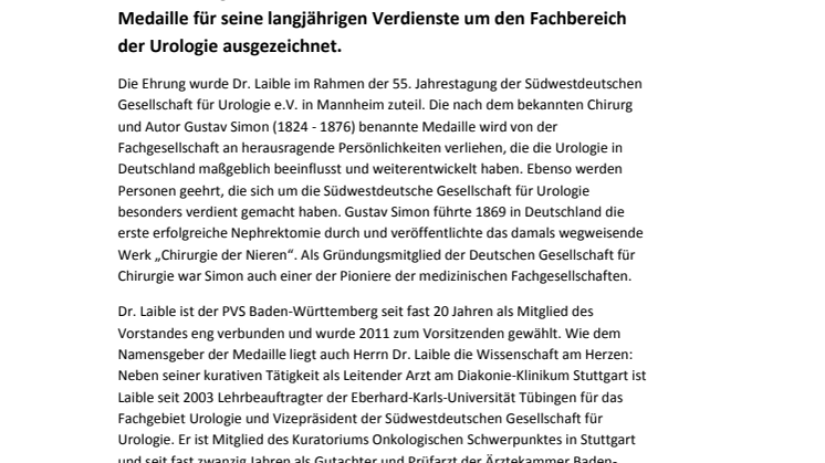 Gustav-Simon-Medaille an Dr. med. Volker Laible verliehen