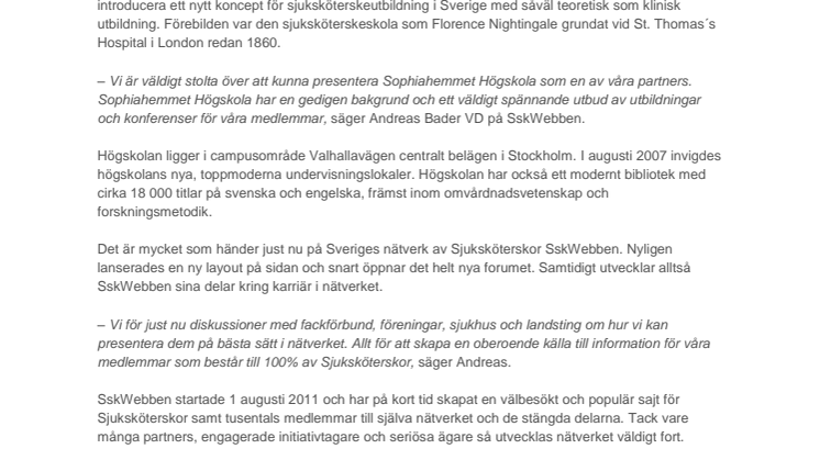Sophiahemmet Högskola ny partner till SskWebben