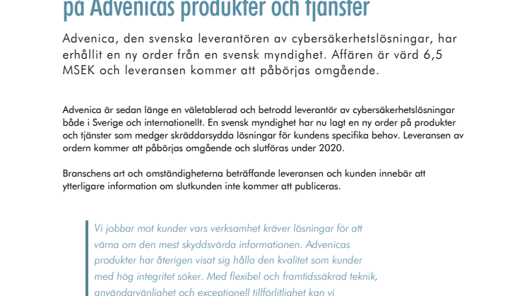 Svensk kund lägger ny order, värd 6,5 MSEK, på Advenicas produkter och tjänster 