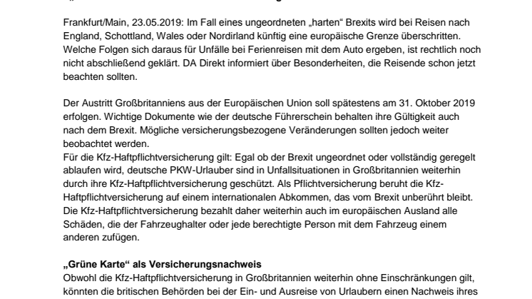 Brexit: DA Direkt informiert über Besonderheiten für Kfz-Haftpflichtschutz