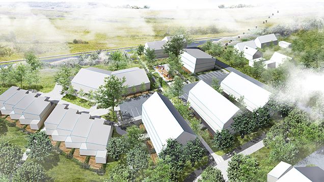 Lägenheter och radhus i gröna kvarter på Linero, Sandbyvägen anas i bakgrunden.  Visionsbild: Kamikaze Arkitekter. 