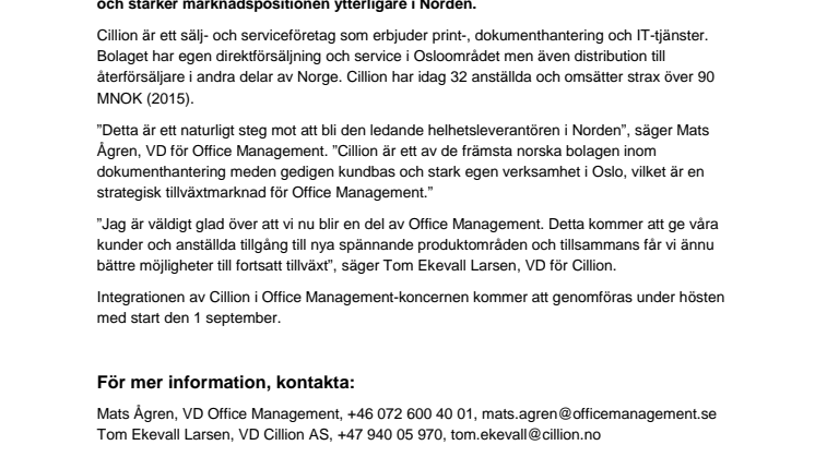 Office Management förvärvar norska Cillion