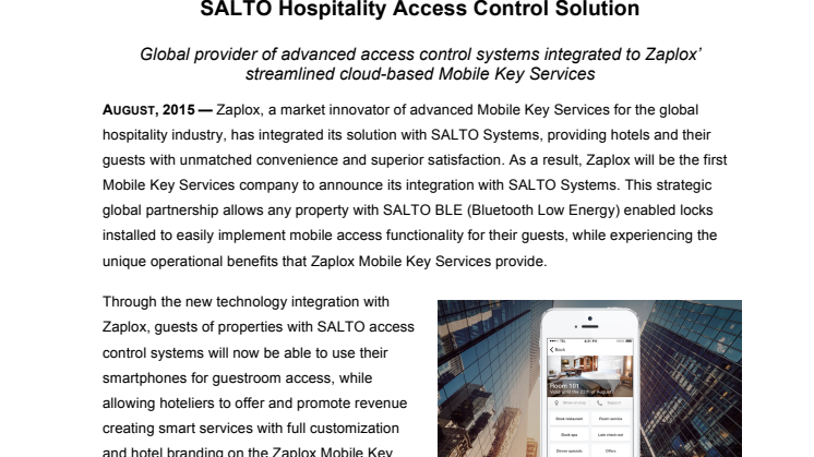 Zaplox Mobile Key Services Integrated with SALTO Hospitality Access Control Solution