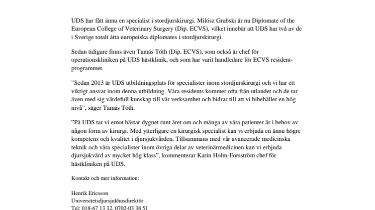 Ytterligare en specialist i stordjurskirurgi på Universitetsdjursjukhusets hästklinik