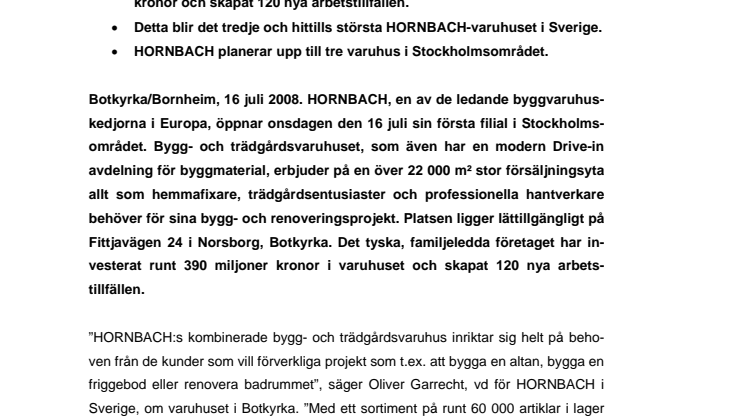 HORNBACH öppnar sitt första kombinerade bygg- och trädgårdsvaruhus i Stockholmsområdet