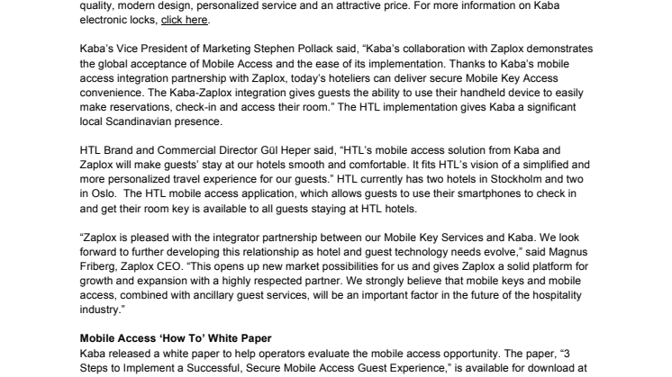  Kaba and Zaplox Partner for Mobile Access Integration at HTL hotels