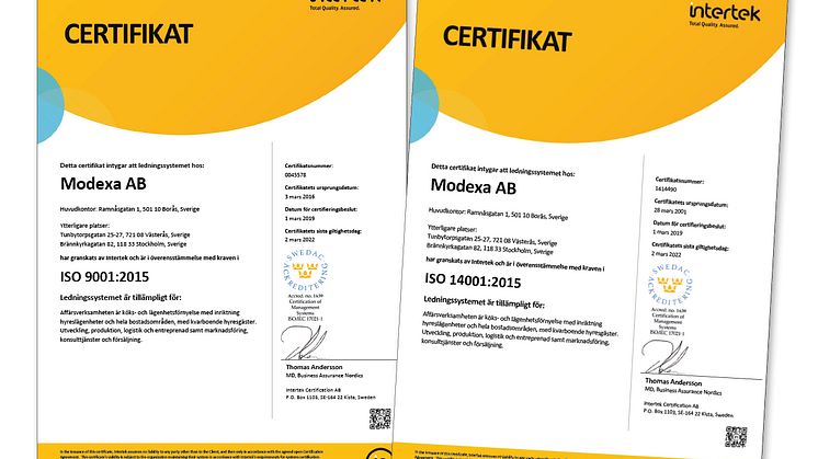 Lyckad omcertifiering av Modexa AB:s ledningssystem för kvalitet och miljö