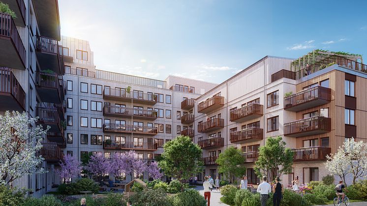 Vy över innergården i Brf Rosendals Trädgård. Foto: 3DVision. 