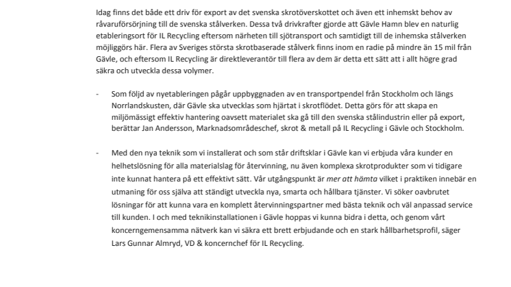 IL Recycling utvecklar sin skrot & metallverksamhet – etablerar i Gävle 