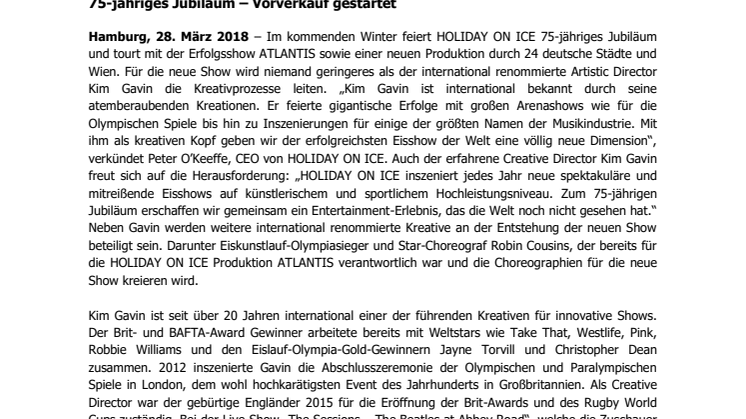 International gefeierter Creative Director Kim Gavin ist kreativer Kopf der neuen HOLIDAY ON ICE Show