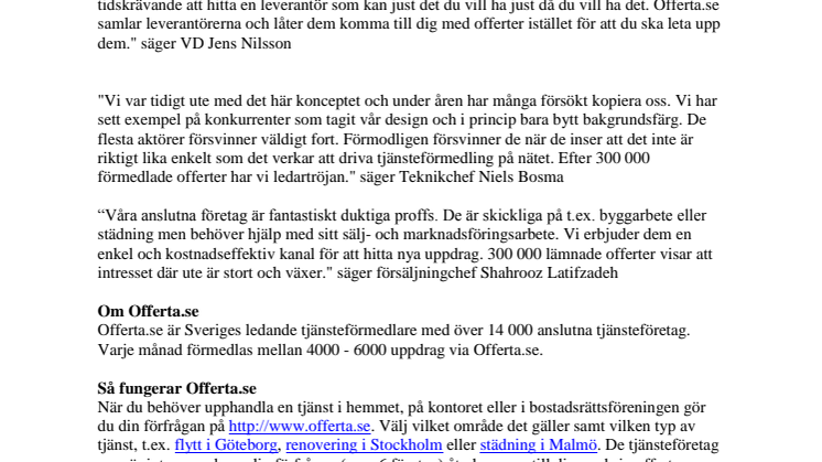 Offerta.se firar 300 000 lämnade offerter