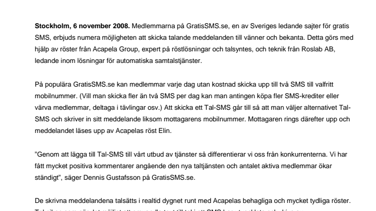 Talande SMS nu verklighet på www.GratisSMS.se med teknik från Roslab AB och röster från Acapela Group