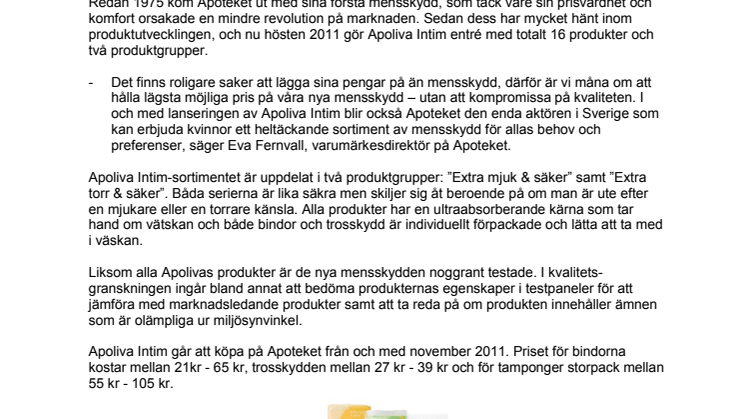 Apoteket lanserar nya Apoliva Intim:  "Alla har rätt till bra och billiga mensskydd"
