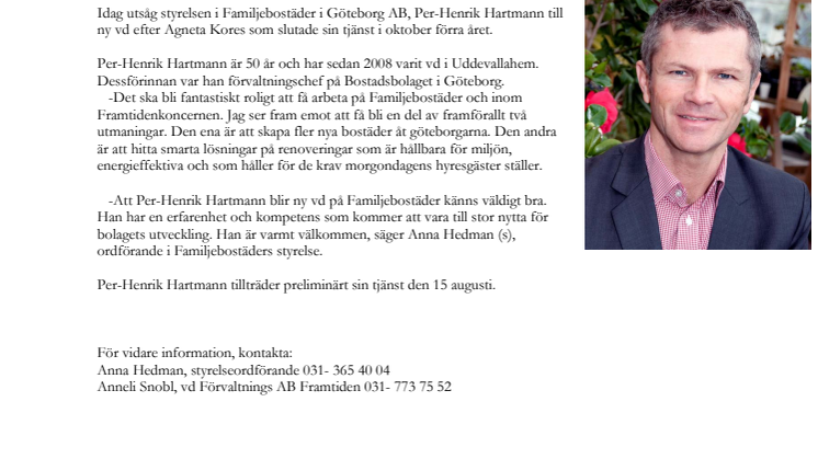 Familjebostäder välkomnar ny vd Per-Henrik Hartmann!
