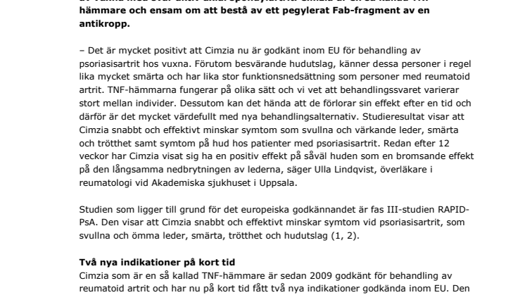 Cimzia godkänt inom EU för behandling av psoriasisartrit