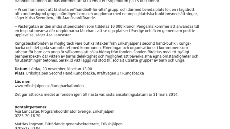 Stipendieutdelning ur Erikshjälpens Kungsbackafond