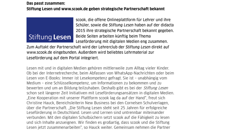 Das passt zusammen: Stiftung Lesen und www.scook.de geben strategische Partnerschaft bekannt