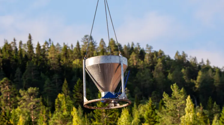 Cementblandare hänger i en lina från en helikopter över ett skogslandskap.