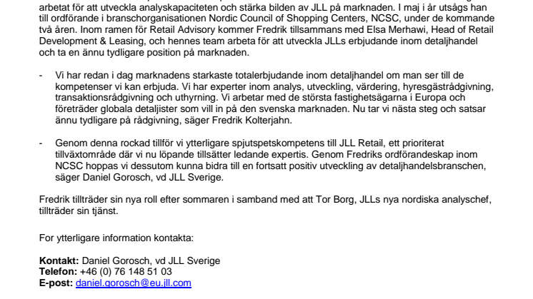 JLL utser Fredrik Kolterjahn till Head of Retail Advisory och markerar en tydlig satsning på detaljhandel