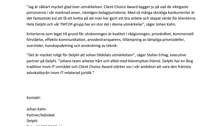 Johan Kahn, Advokatfirman Delphi, utnämnd till bolagsjuristernas förstahandsval inom IT 