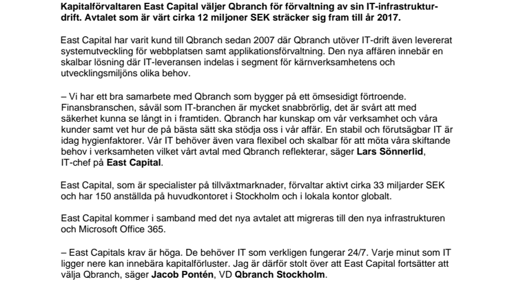 KAPITALFÖRVALTAREN EAST CAPITAL VÄLJER QBRANCH FÖR AFFÄRSKRITISK IT-DRIFT 