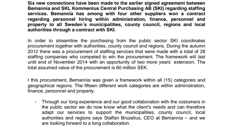 More connections to the agreement between Bemannia and SKL Kommentus Central Purchasing AB