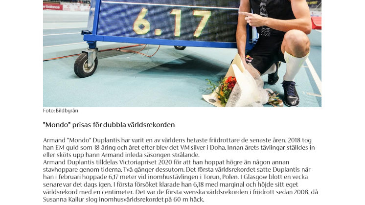 Armand Duplantis tilldelas Victoriapriset 2020