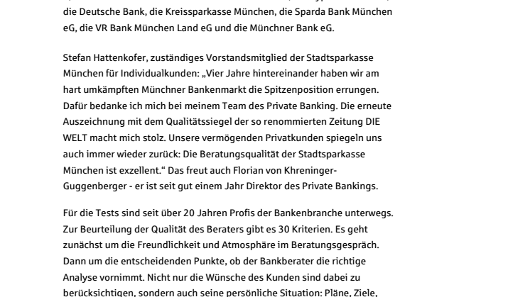 Der Titel für das beste Private Banking bleibt bei der Stadtsparkasse München!