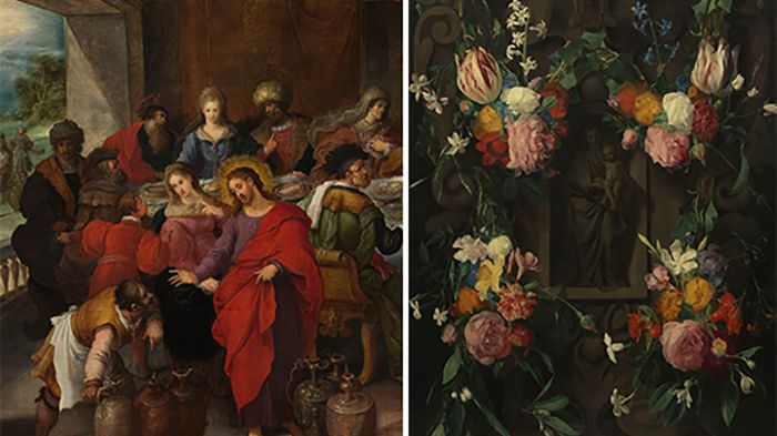 Frans Francken the Younger, The Wedding at Cana (the image has been cut), Daniel Seghers, Flower Garland with the Virgin and Child. Photo: Cecilia Heisser/Nationalmuseum.