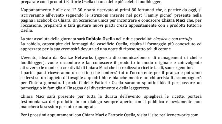 “Family picnic” in compagnia di Chiara Maci alla scoperta dei prodotti Fattorie Osella