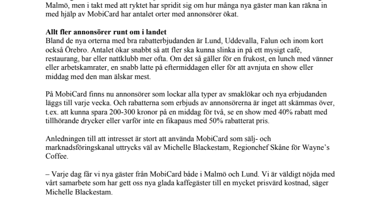 Allt fler café- och restauranggäster i Sverige med MobiCard